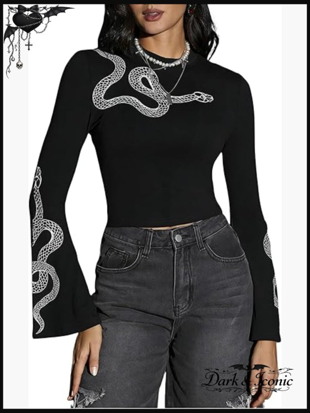 Long Sleeve Crop Top Snake Print Slim Fit Gothic Y2K Concert Outfit